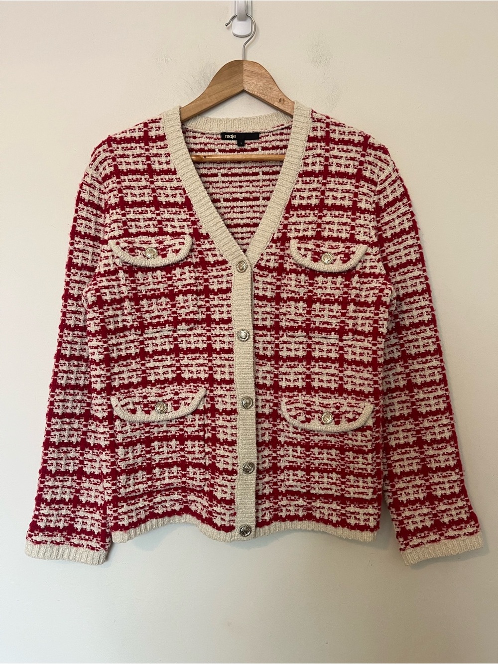 Maje Two-Tone Tweed-Effect Knit Cardigan Red Cream Metallic Size 1 - Picture 5 of 11